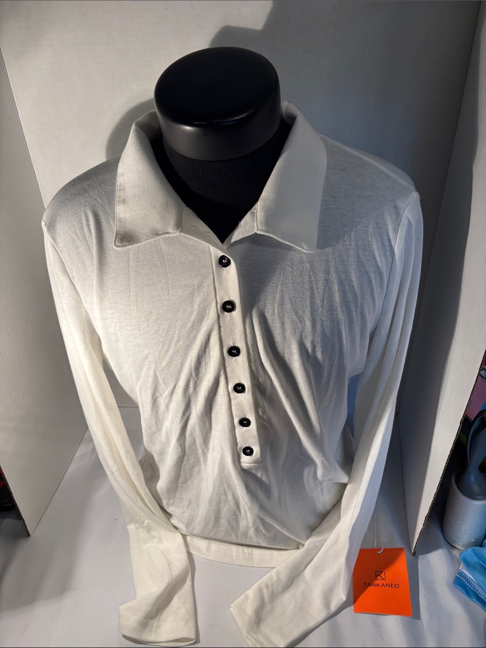 Women's White Long-Sleeve Button Down Polo Shirt